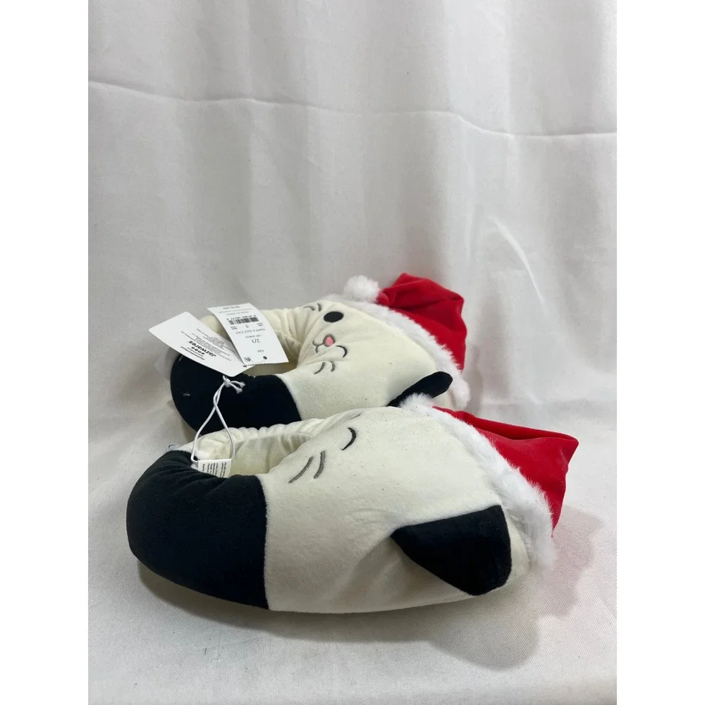 Squishmallows Santa Hat Cat Plush Slippers Kids Size 2/3 Off-White Black Holiday